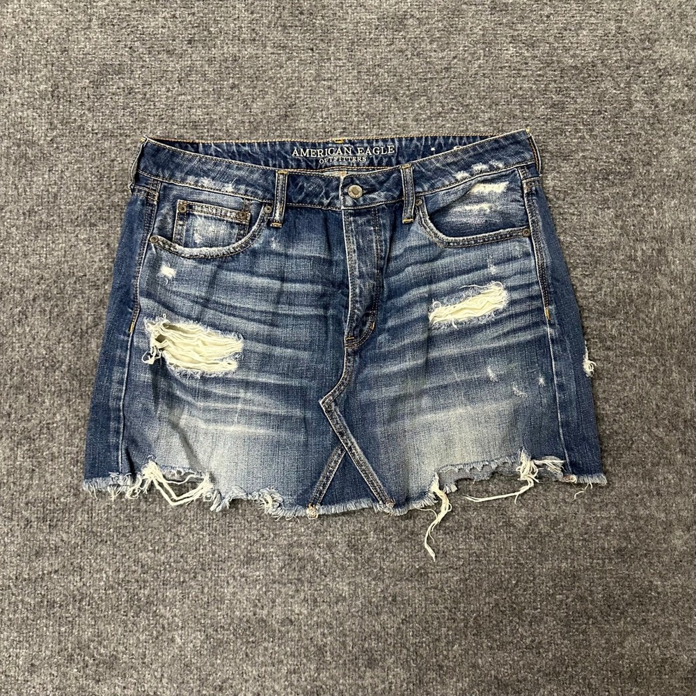 American Eagle Denim Skirt Womens Size 14 Blue Distressed Raw Hem Cotton Mini